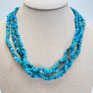 VTG Sterling Silver 925 Triple Strand Turquoise Necklace Toggle Clasp 20" Length